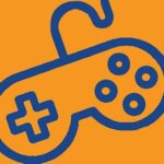 Blue game controller icon on yellow backgroun
